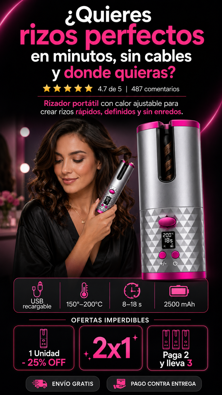 Curlify™ rizadora automática inalámbrica/recargable.