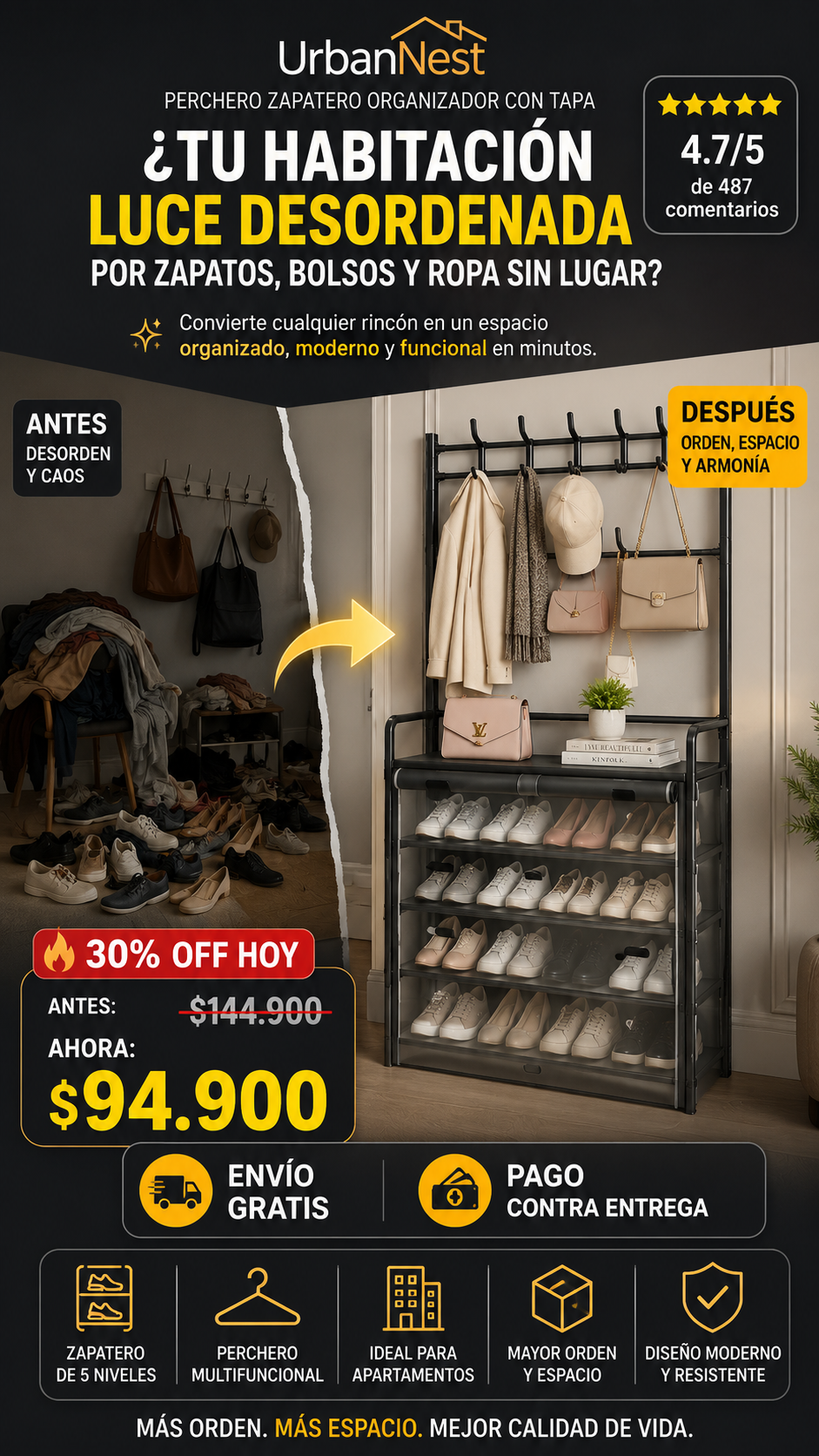 UrbanNest Perchero Zapatero Organizador con Tapa