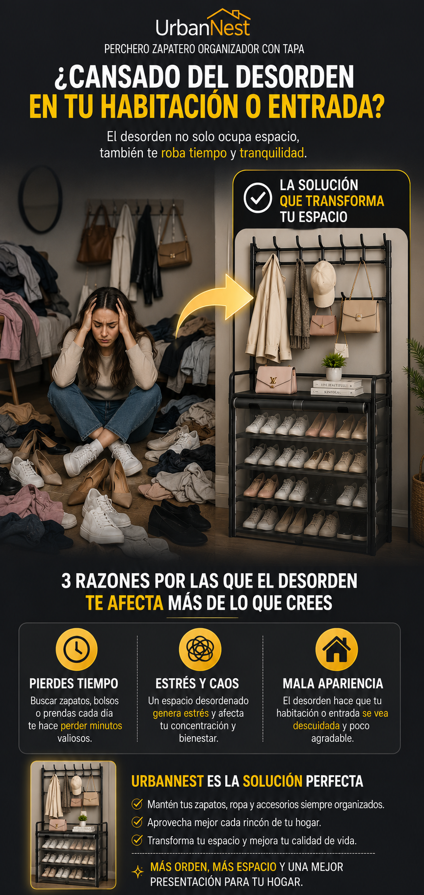 UrbanNest Perchero Zapatero Organizador con Tapa