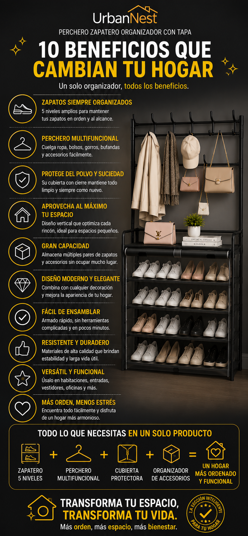 UrbanNest Perchero Zapatero Organizador con Tapa