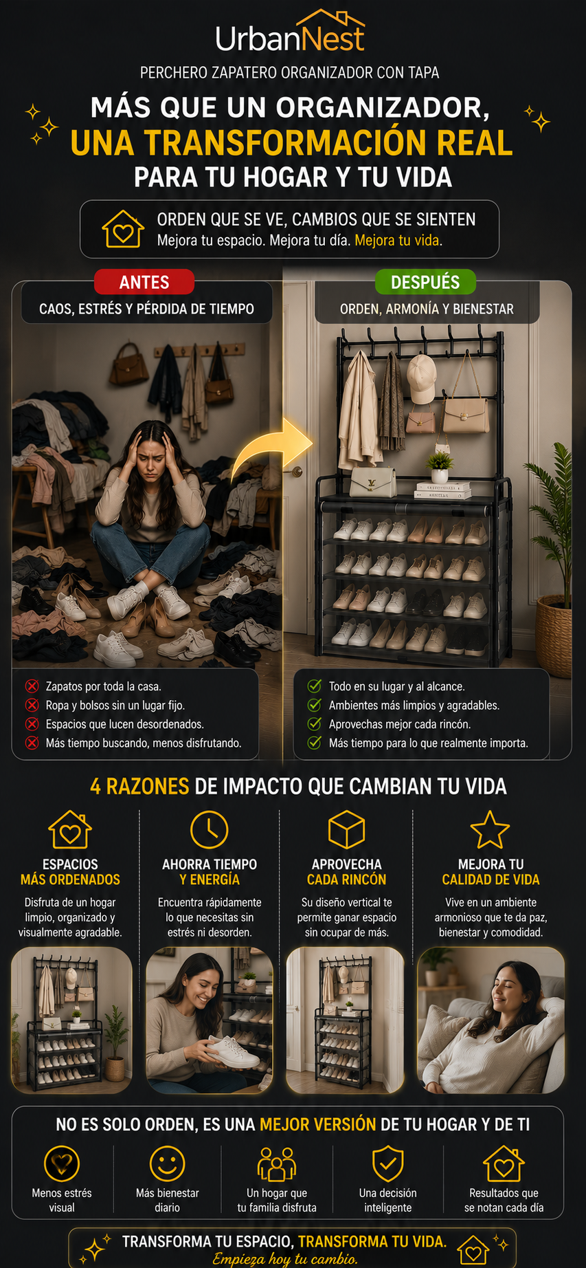 UrbanNest Perchero Zapatero Organizador con Tapa